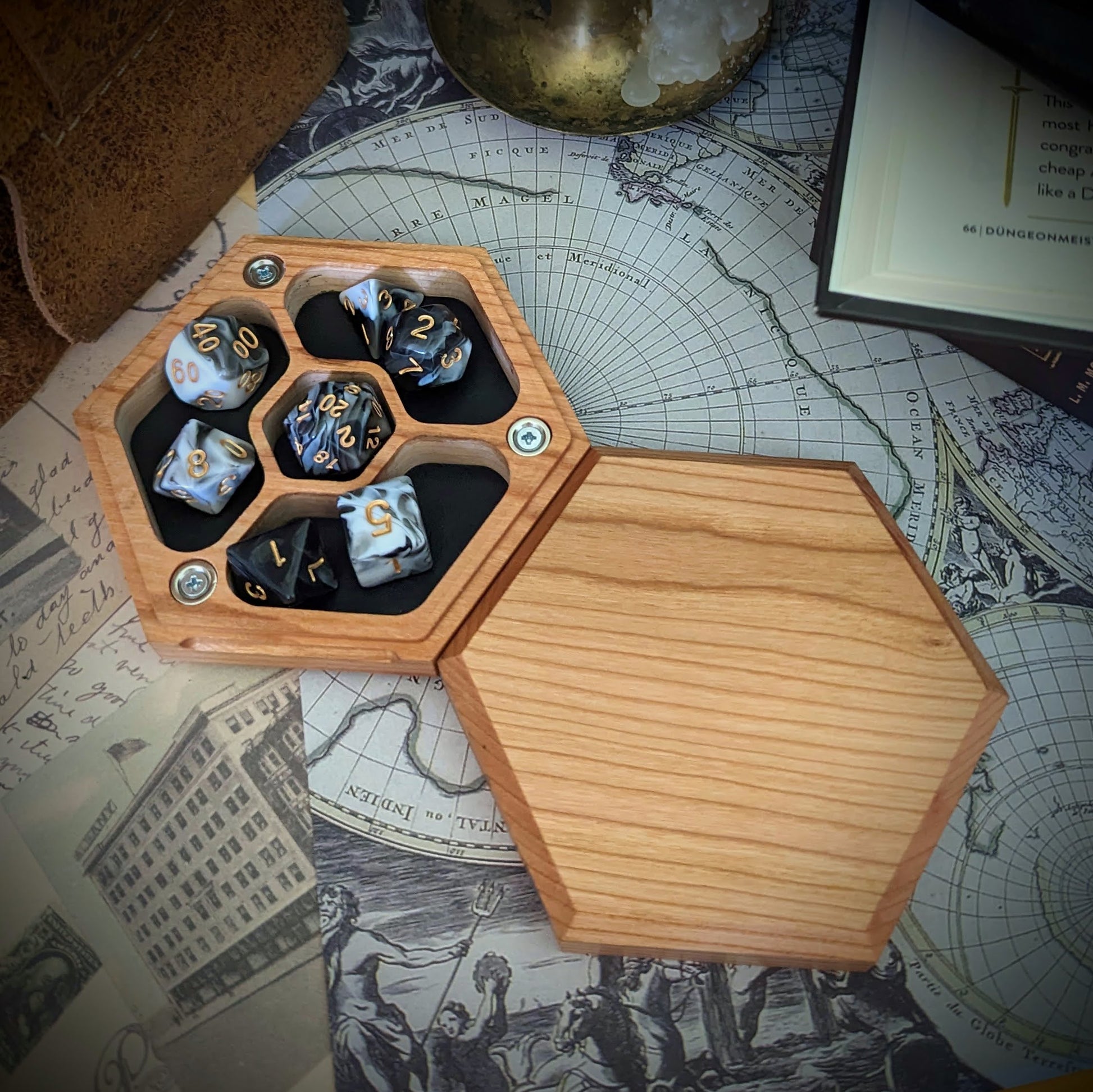 Hardwood Hex Dice Box | Handcrafted Hardwood and Leather Dice Box and Rolling Tray for Tabletop games like Dungeons and Dragon | D&D