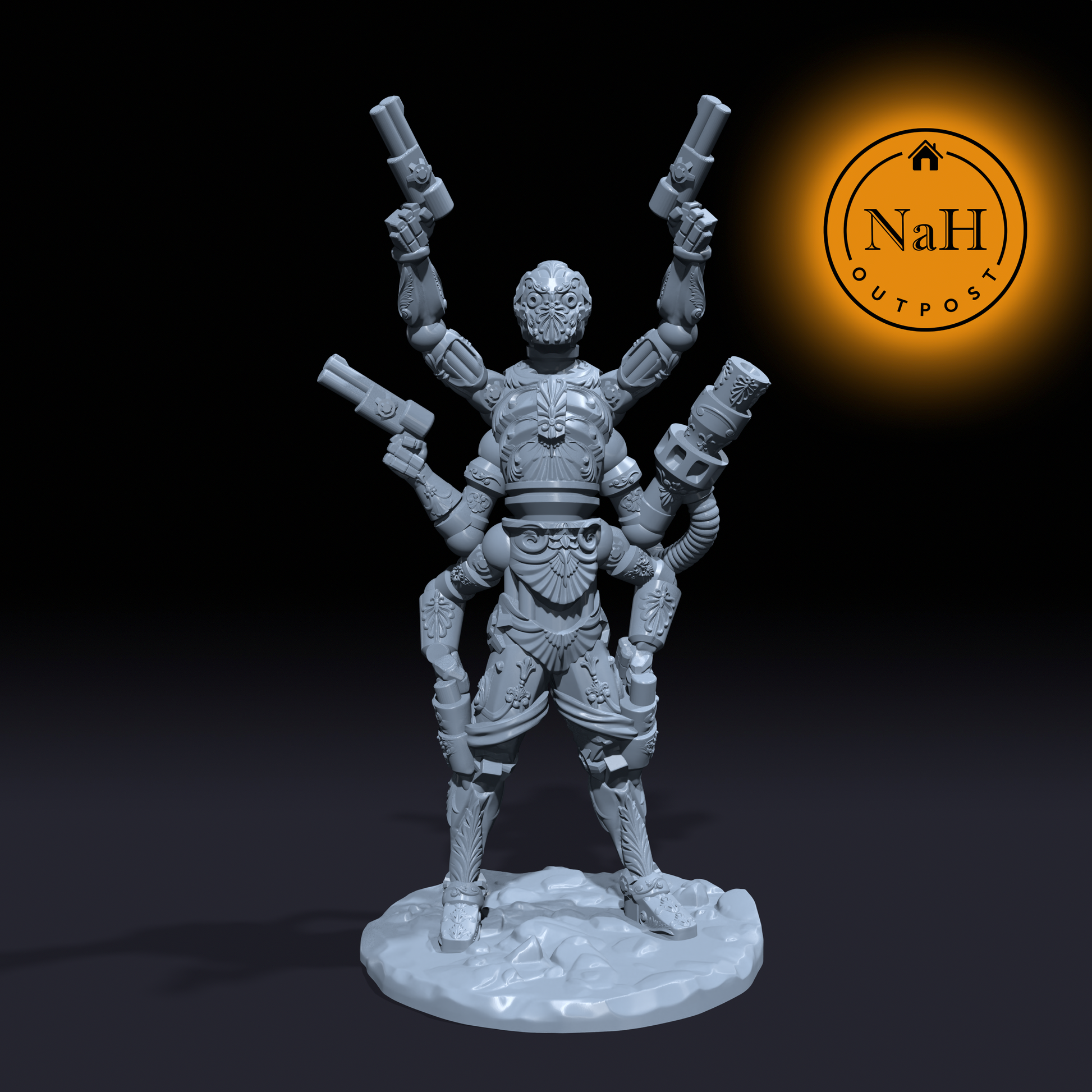 Ricochet, the Clockwork Deadeye | Six Armed Gunslinger Miniature for Tabletop games like D&D and War Gaming