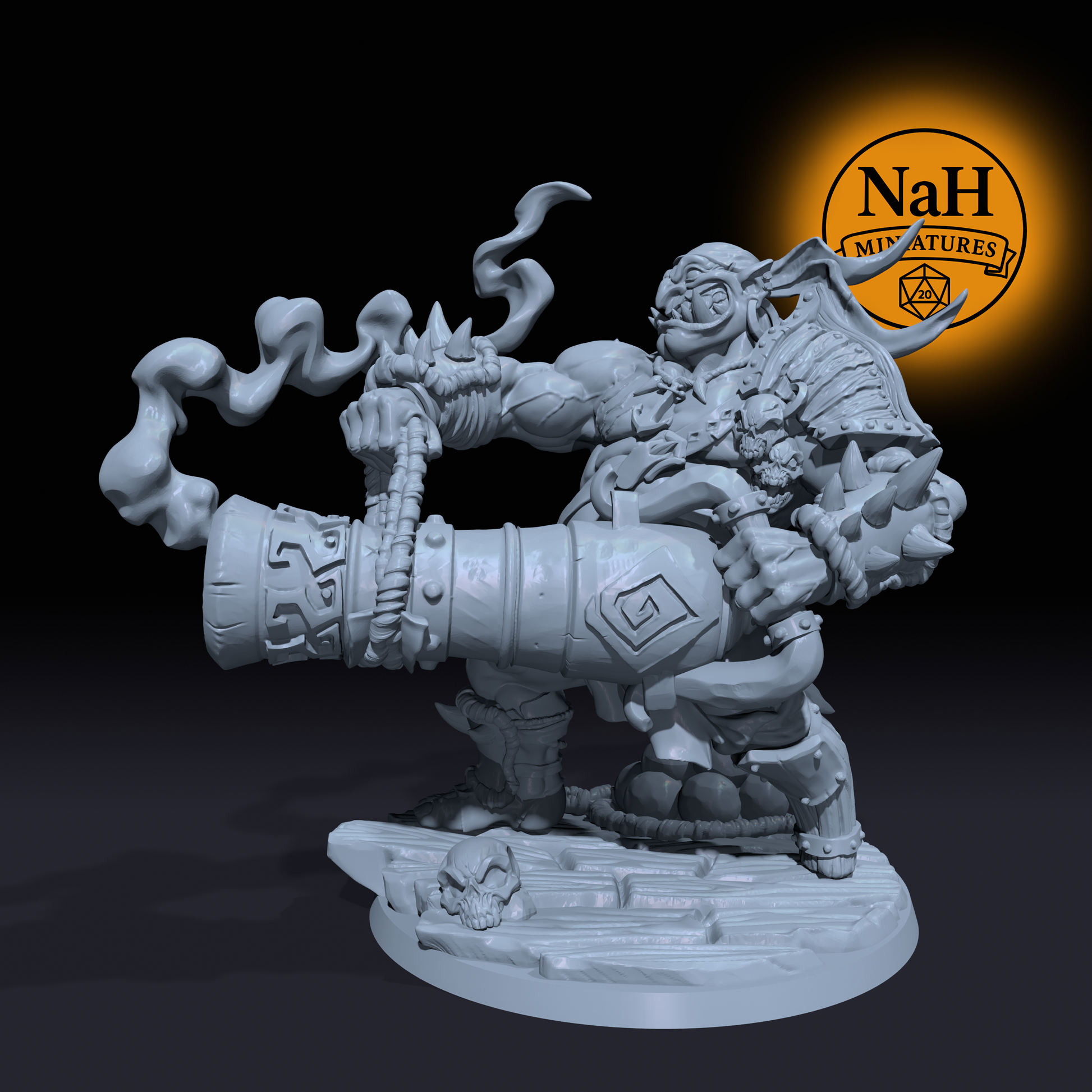 Gronk Boomshot, Warfire Cannoneer | Ogre Marauders | Ogre Cannoneer, Tribal Brute miniature for D&D, Pathfinder, and Daggerheart | TTRPG Mini