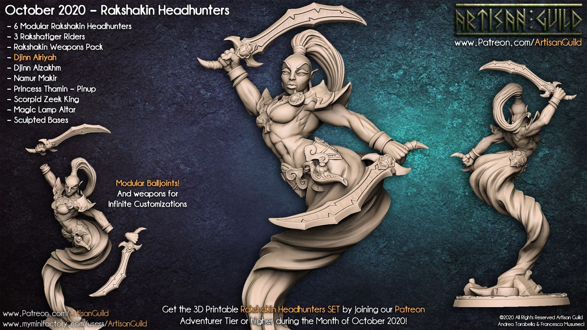 Djinn Alriyah, Crescent Tempest | Djinn Warrior miniature for D&D, Pathfinder | TTRPG Mini