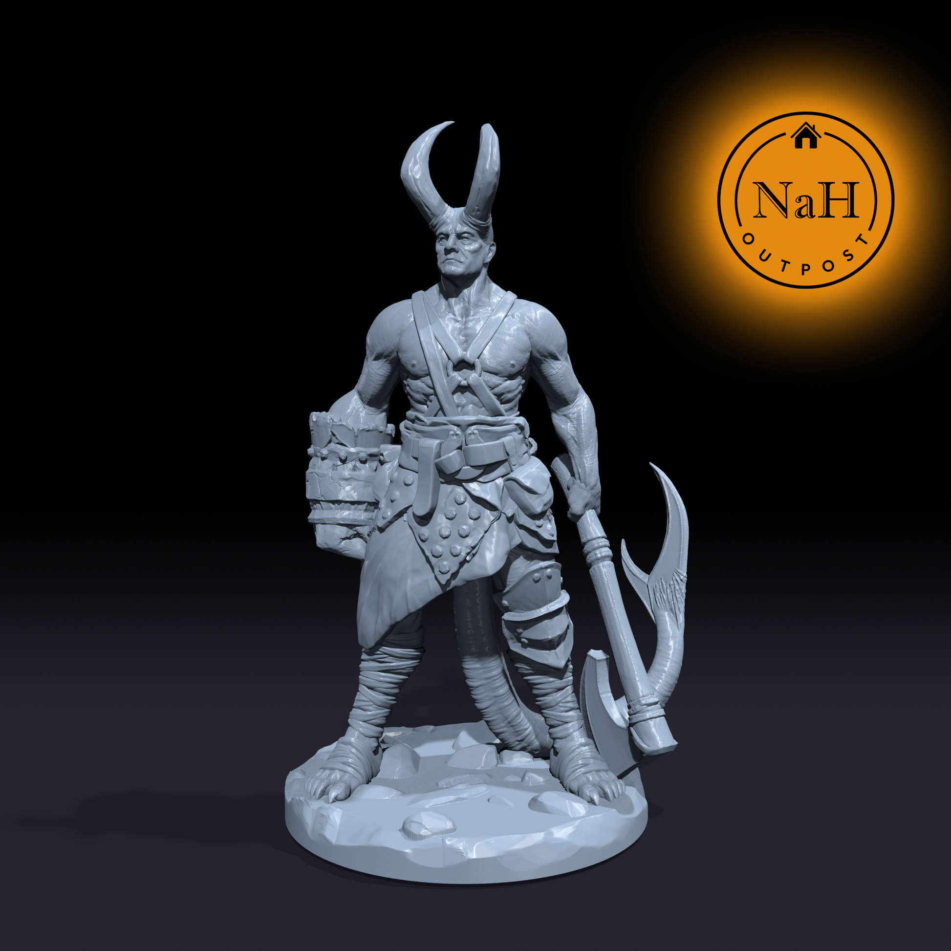 Drakon, The Axe of Infernos | Tiefling Barbarian | Half Devil Fighter miniature for Tabletop games like D&D and War Gaming| Created by Rocket Pig Games