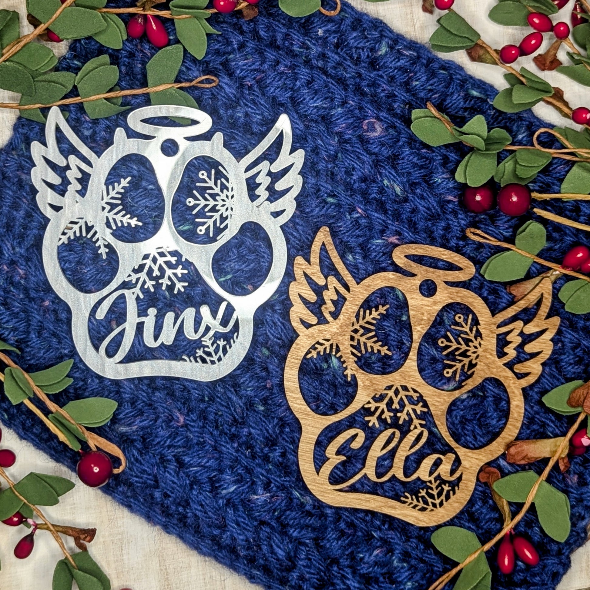 Memorial Cat Ornament | Modern Angel Paw Print with Snowflake | Custom Cat Loss Gift | Personalized Pet Ornament