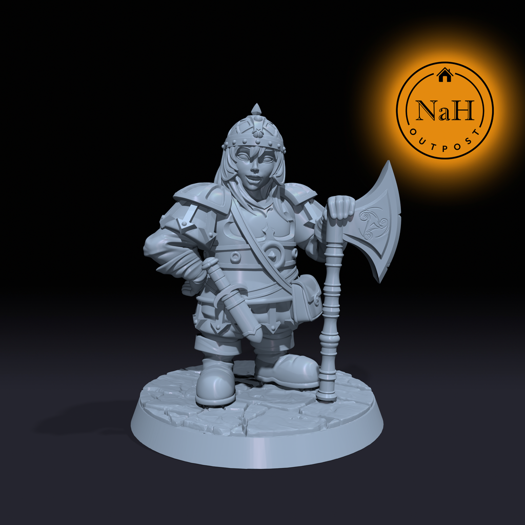 Brondis Battleaxe | Female Dwarf Fighter or Barbarian miniature for Tabletop games like D&D and War Gaming| Dungeons and Dragons Mini | RN estudio