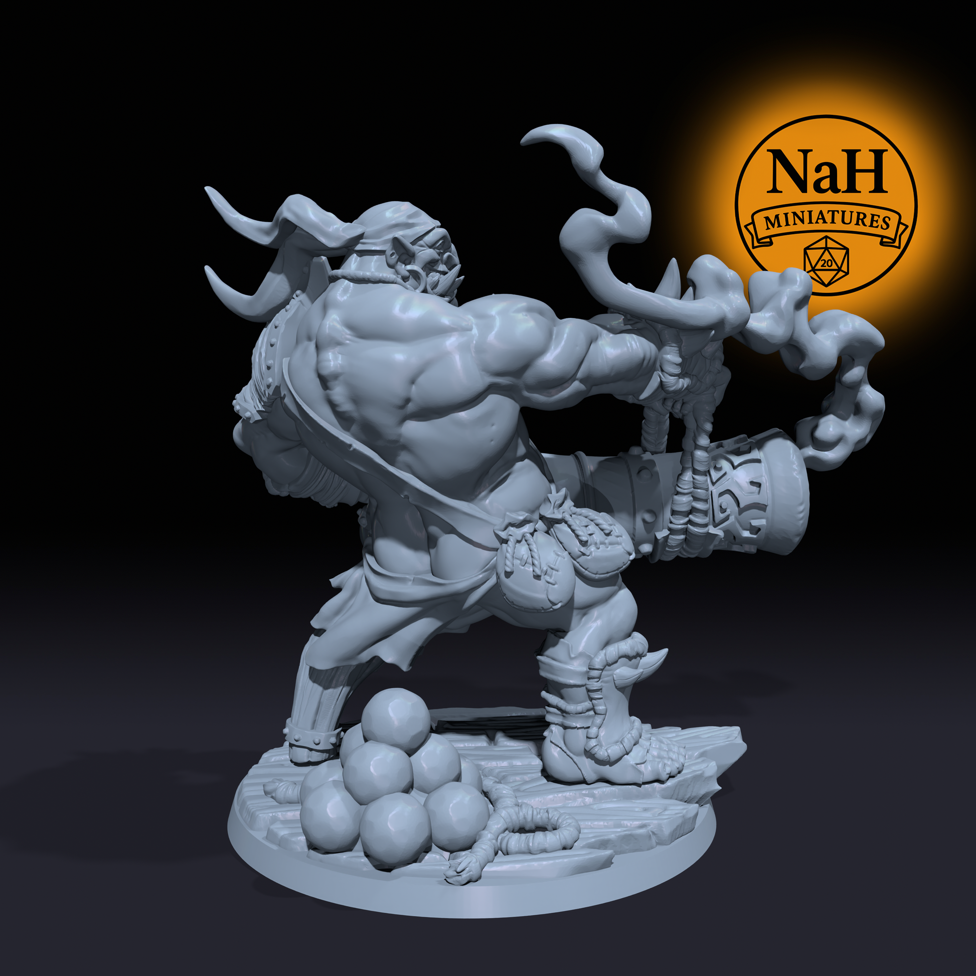 Gronk Boomshot, Warfire Cannoneer | Ogre Marauders | Ogre Cannoneer, Tribal Brute miniature for D&D, Pathfinder, and Daggerheart | TTRPG Mini