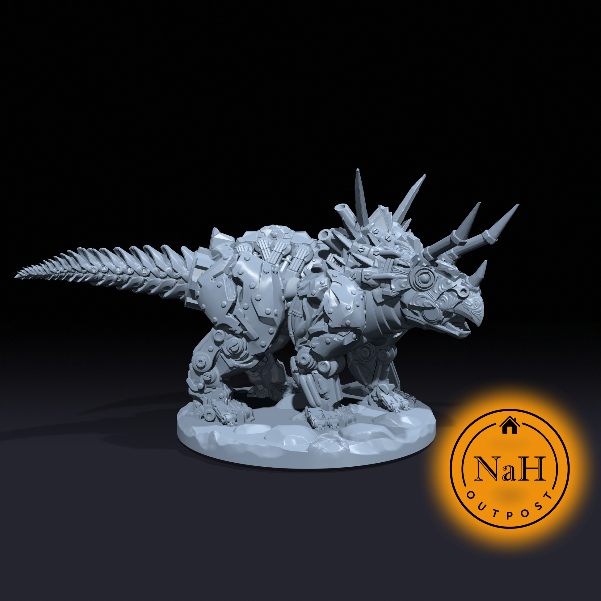 Tinkerhorn the Steelbound | Clockwork Triceratops | Battlebuilt Dinosaur Miniature for Tabletop games like D&D and War Gaming