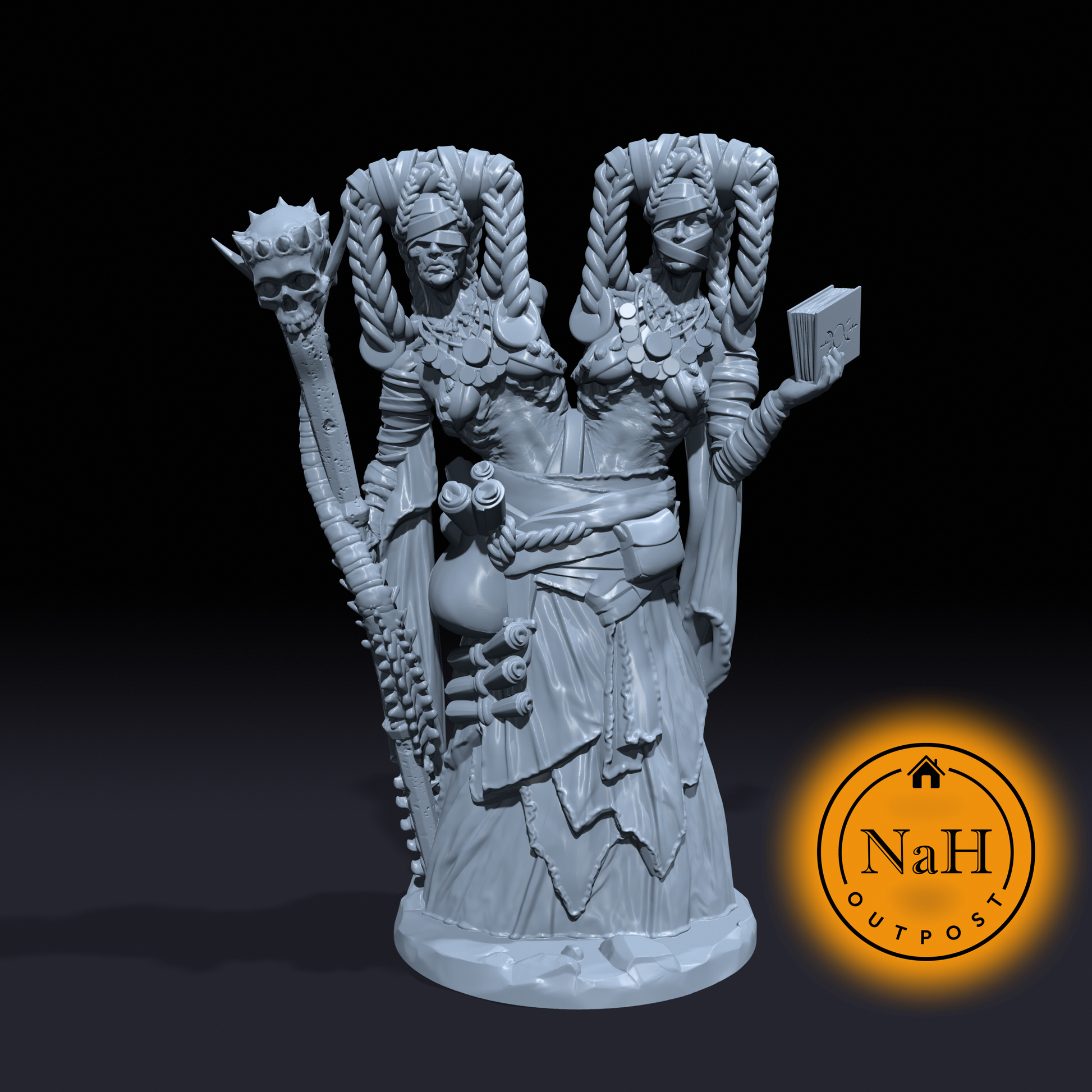 Sybil and Sable, the Cursed Conclave | Conjoined Necro Mage | Witch | Miniature for Tabletop games like D&D and War Gaming