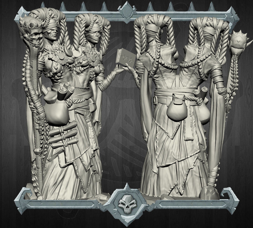 Sybil and Sable, the Cursed Conclave | Conjoined Necro Mage | Witch | Miniature for Tabletop games like D&D and War Gaming