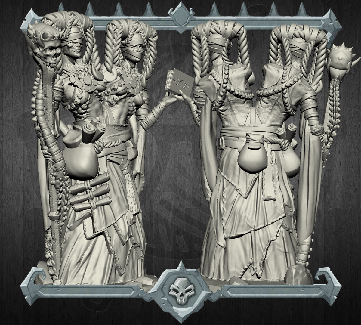 Sybil and Sable, the Cursed Conclave | Conjoined Necro Mage | Witch | Miniature for Tabletop games like D&D and War Gaming