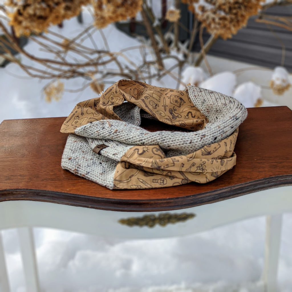 Dungeon Loot Infinity Scarf | D&D Dungeons and Dragons Tweed Handmade Knit Cowl Scarf | Gift idea for her | Girl Female Present