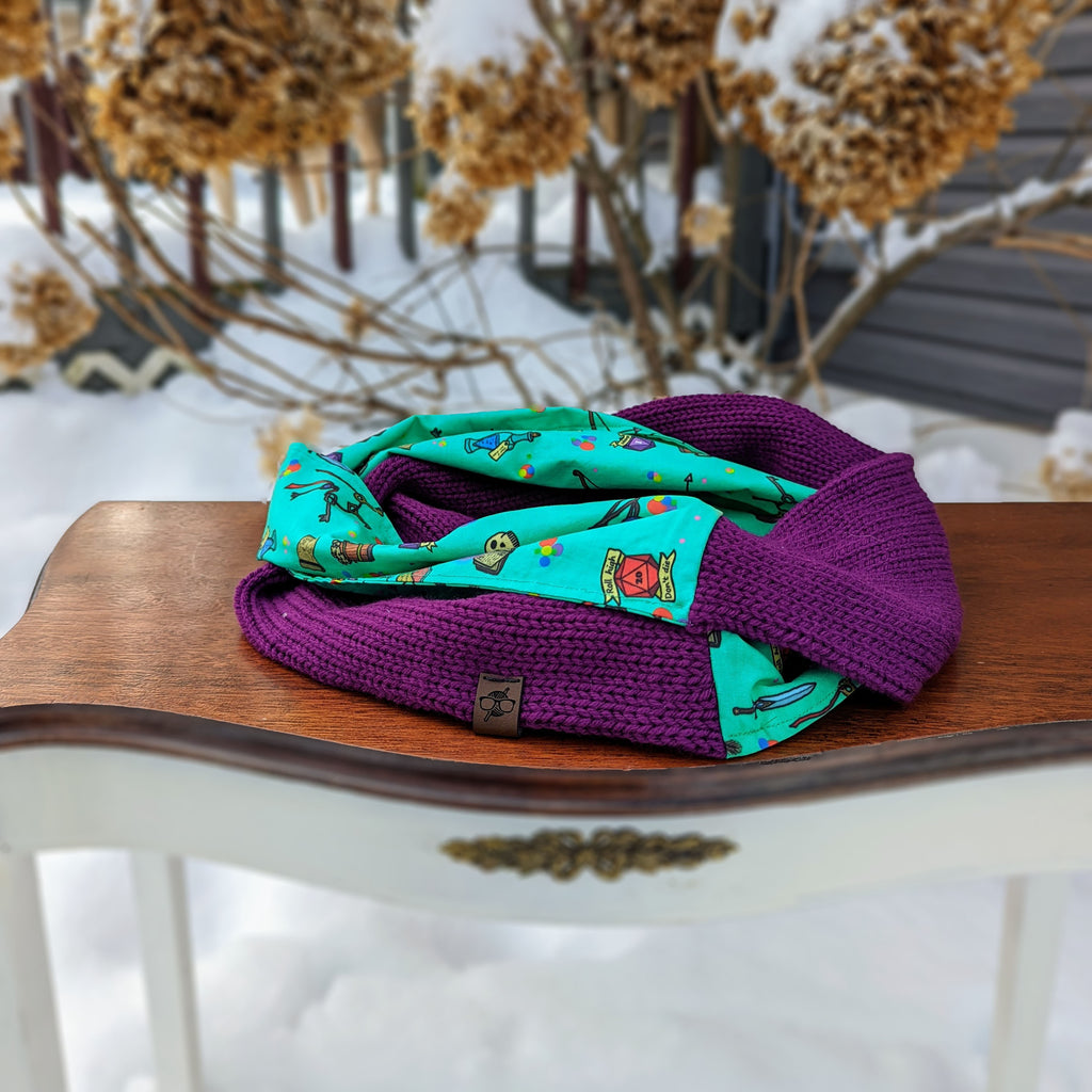 Roll High Don't Die Infinity Scarf | D&D Dungeons and Dragons Tweed Handmade Knit Cowl Scarf | Gift idea for her | Girl Female Present